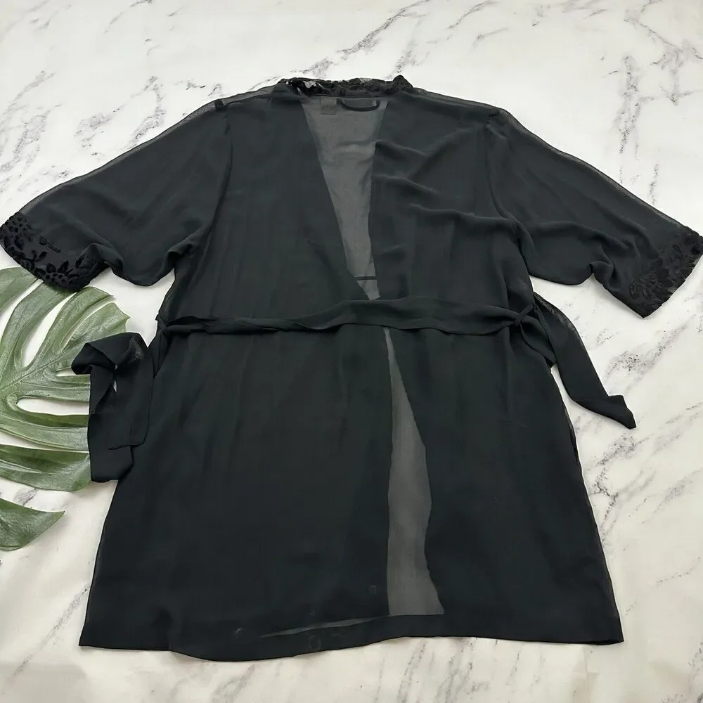 Cacique Womens Vintage Negligee Slip Robe Set Plus Size S Black Sheer Floral - Picture 13 of 16